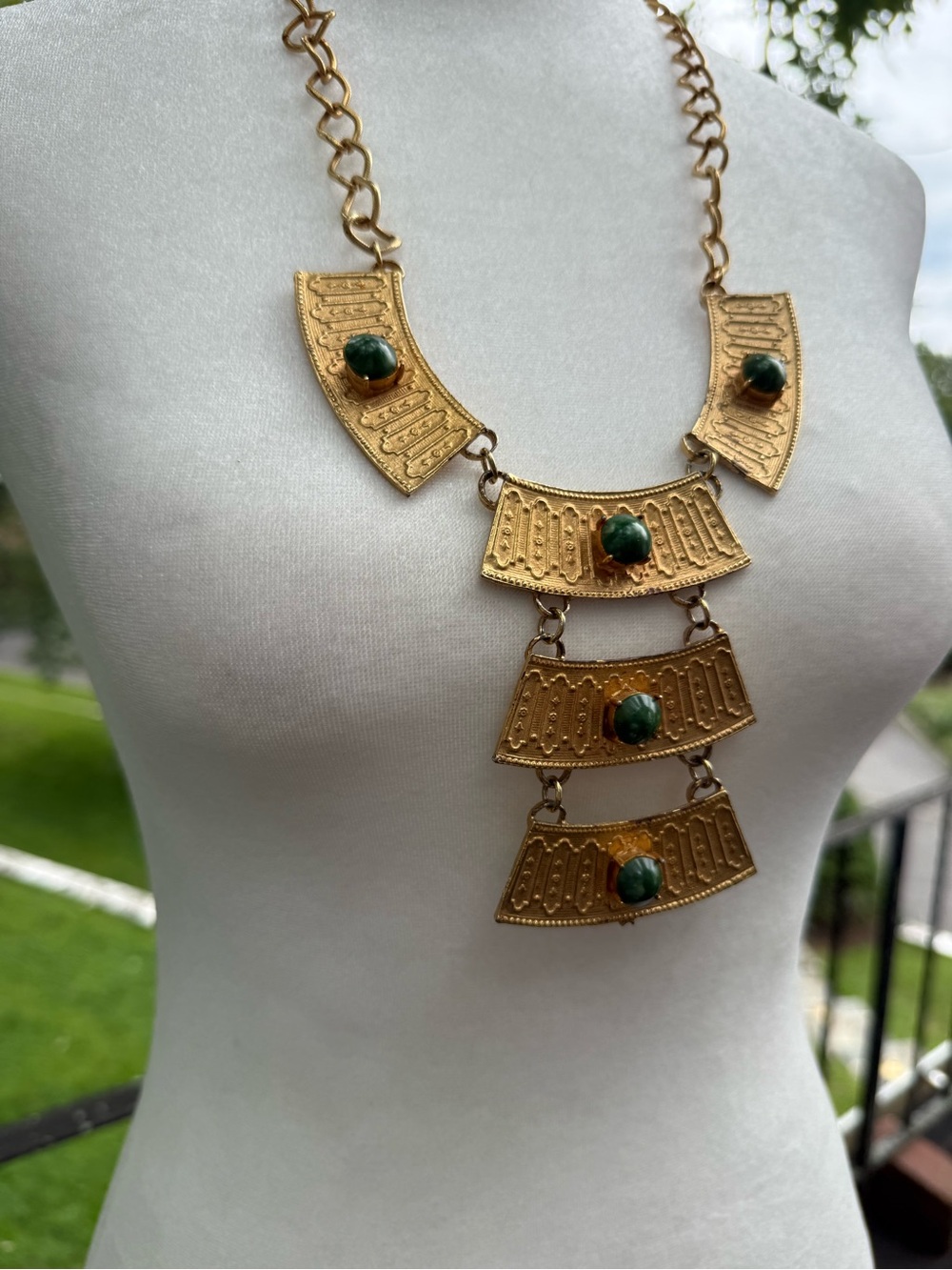 Egyptian Revival Style Gold Tone Bib Necklace Green Cabochon Statement Piece